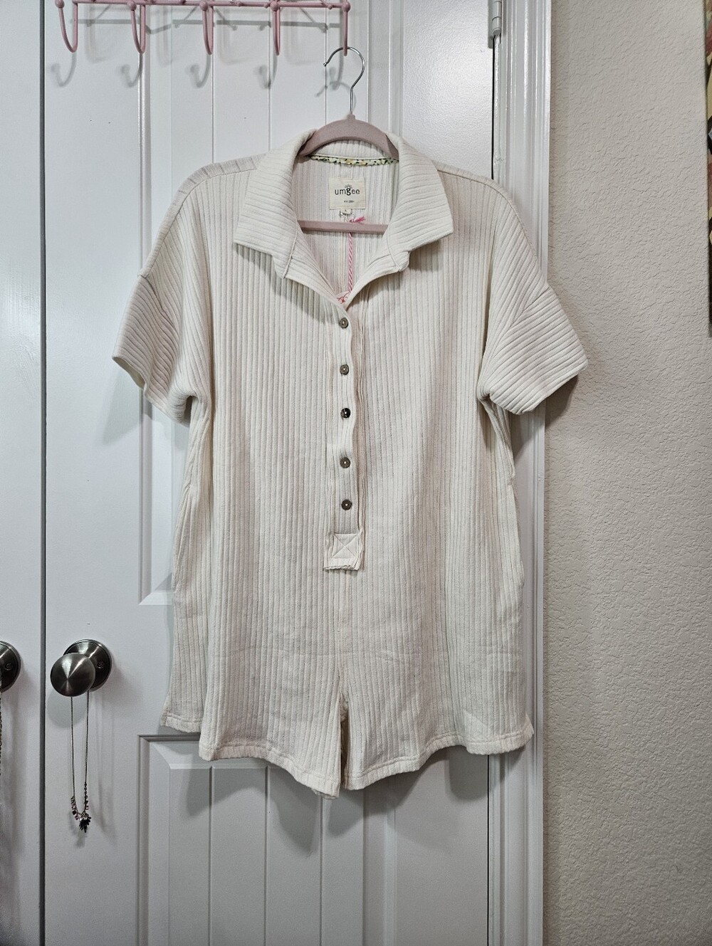 Umgee Beige Ribbed Button-Up Romper - Picture 2 of 11